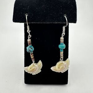 2.5" Revived heishi shell, turquoise, and mother of pearl bird fetish earrings!